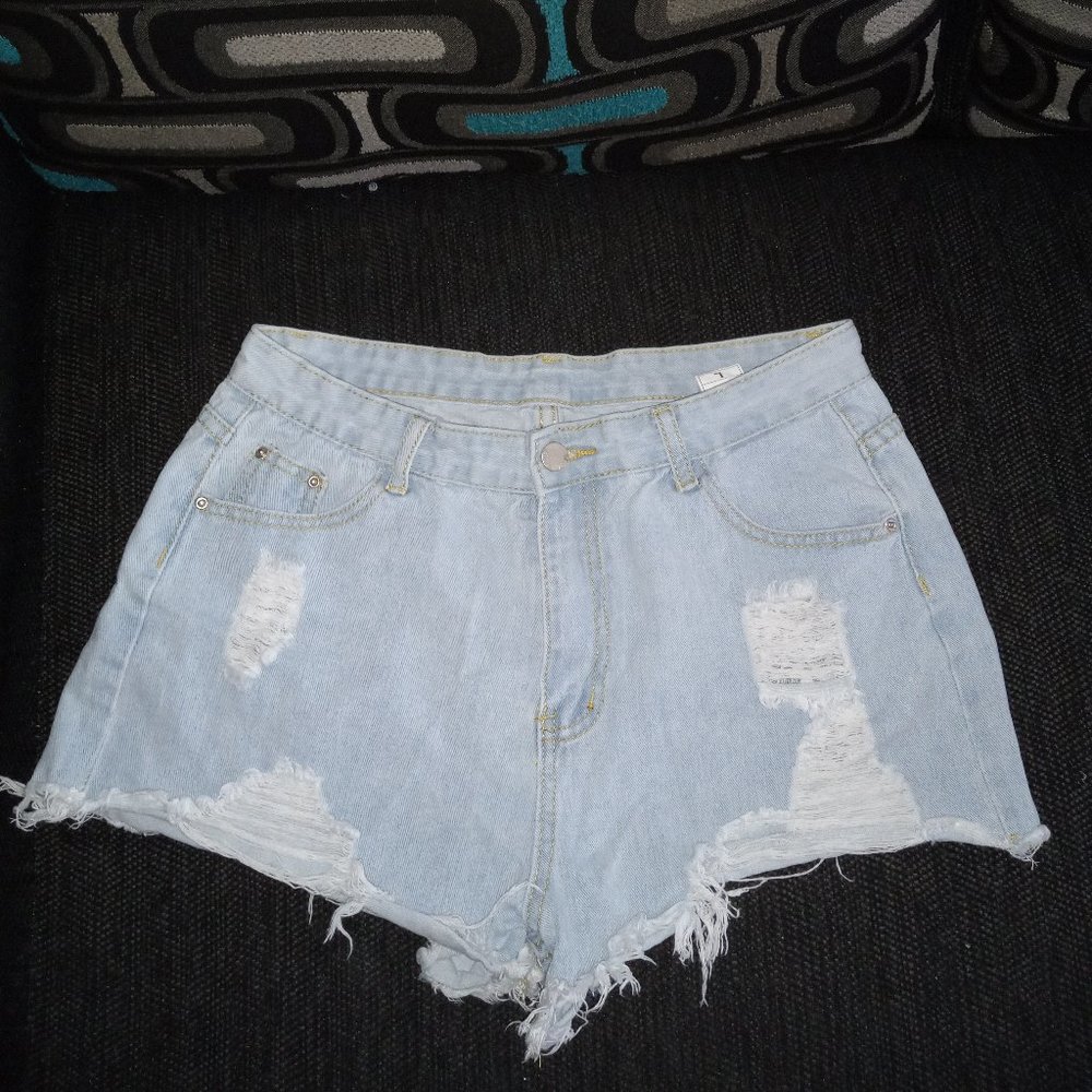 Distress light wash jean shorts
